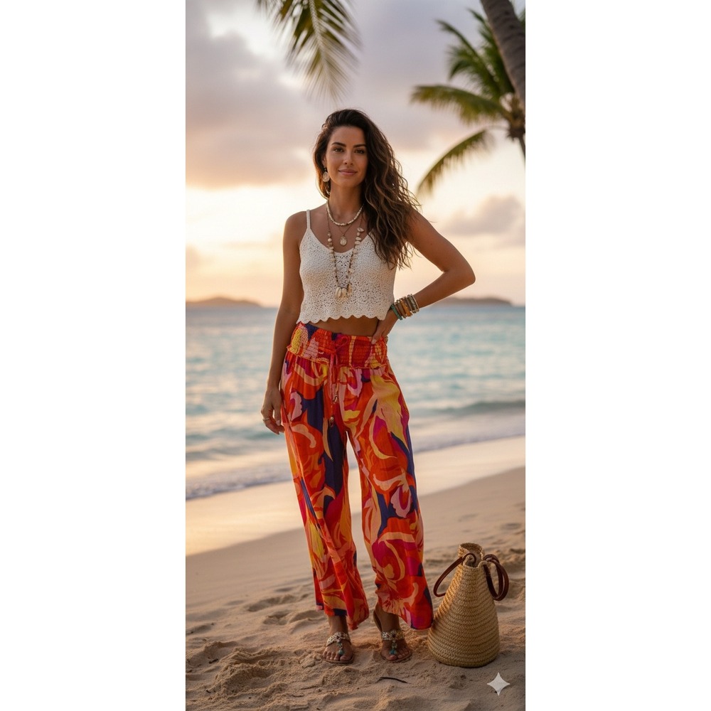True‎ Destinations Resort Wear XS Wide Leg Smocked Waist Tropical Palazzo Pants